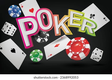 poker word lettering text banner design template with flying poker cards and casino chips and dice,use for poker and casino concept poster ad backdrop.