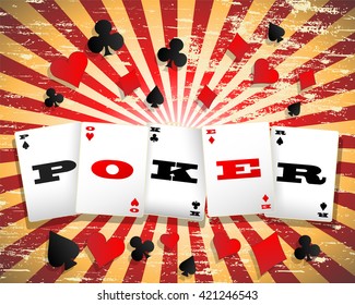 Poker word on playing cards against grungy background
