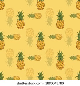 Pola mulus nanas lucu dengan latar belakang kuning Ilustrasi vektor.