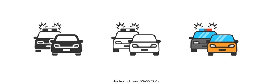 Polace chasing a car icon on light background. Patrol symbol. Trap, officer, cop, arrest, car insurance, carjaking. Outline, flat and colored style. Flat design. 