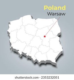 Poland 3d map with borders of regions and it’s capital