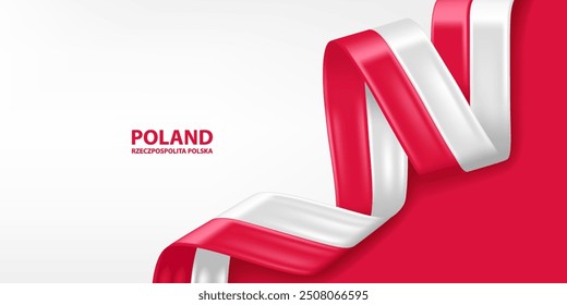 Poland 3D ribbon flag. Bent waving 3D flag in colors of the Poland national flag. National flag background design.