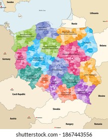 Poland administrative divisions colored by provinces(known as voivodeships) vector map with neighbouring countries an territories