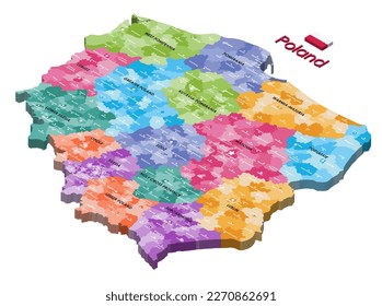 Poland administrative divisions isometric map colored by voivodeships