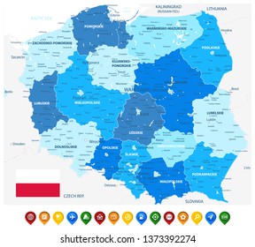 Poland Administrative Map Blue Colors and Colored Map Icons - Detailed map of Poland vector illustration - All elements are separated in editable layers clearly labeled.