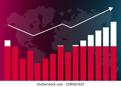 Poland bar chart graph with ups and downs, increasing values, Poland country flag on bar graph, upward rising arrow on data, news banner idea, developing country concept