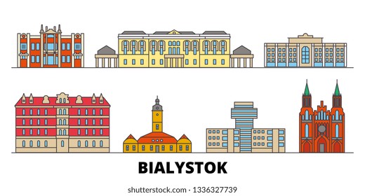 Poland, Bialystok flat landmarks vector illustration. Poland, Bialystok line city with famous travel sights, skyline, design. 