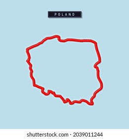 Poland bold outline map. Glossy red border with soft shadow. Country name plate. Vector illustration.