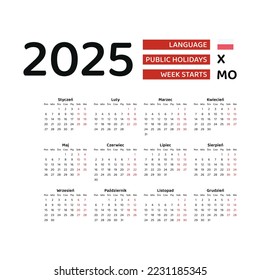 Polnischer Kalender 2025. Die Woche beginnt am Montag. Vektorgrafik-Design. Polnische Sprache.