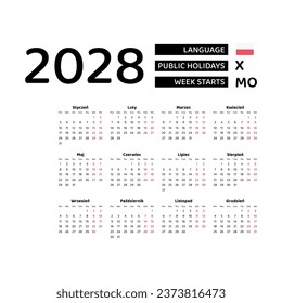 Poland Calendar 2028. Week starts from Monday. Vector graphic design. Polish language.