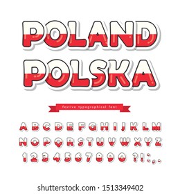 Poland cartoon font. Polish national flag colors. Paper cutout glossy ABC letters and numbers. Bright alphabet for tourism design. Vector illustration