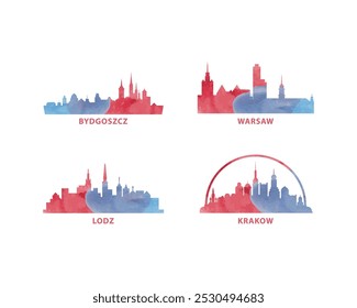 Polônia cidades skyline vetor logotipo, conjunto de ícones. Aquarela plana Warsaw, Cracóvia, Lodz, Bydgoszcz silhueta. Coleção gráfica isolada