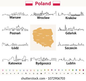 iconos de esquema vectorial de las ciudades polacas líneas horizontales con mapa y bandera polacos