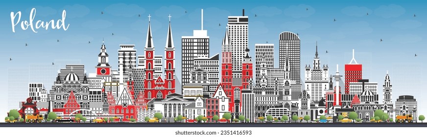 Poland City Skyline with Gray Buildings and Blue Sky. Vector Illustration. Concept with Modern Architecture. Poland Cityscape with Landmarks. Warsaw. Krakow. Lodz. Wroclaw. Poznan.