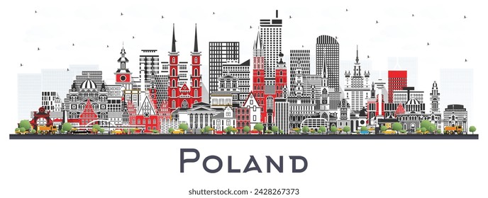 Poland City Skyline with Gray Buildings isolated on white. Vector Illustration. Concept with Modern Architecture. Poland Cityscape with Landmarks. Warsaw. Krakow. Lodz. Wroclaw. Poznan.