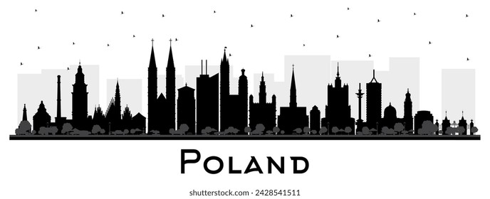 Poland City Skyline silhouette with black Buildings isolated on white. Vector Illustration. Concept with Modern Architecture. Poland Cityscape with Landmarks. Warsaw. Krakow. Lodz. Wroclaw. Poznan.