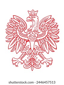 Poland coat of arms, seal national emblem, isolated on white background. Vector illustration Coat of arms of Poland. Polish flag. Spread wings eagle line silhouette contour Poland national symbol.