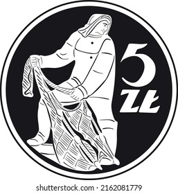 poland coin 5 cent with fisherman handmade silhouette