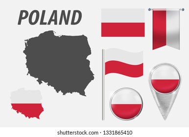 POLAND. Collection of symbols in colors national flag on various objects isolated on white background. Flag, pointer, button, waving and hanging flag, detailed outline map and country inside flag. EPS