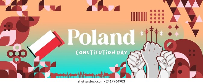 Banner del Día de la Constitución de Polonia en colorido estilo geométrico moderno. Portada de la tarjeta de felicitación del Día de la Independencia Nacional con tipografía. Cartel vectorial para la fiesta nacional de celebración de las fiestas en Polonia