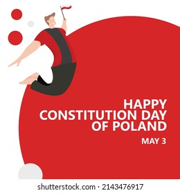 Poland Constitution Day celebration vector illustration with a man jumping and holding the national flag. European country public holiday and ceremony.