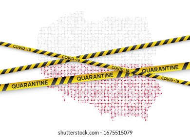 Poland Coronavirus quarantine concept. Covid-19, MERS-Cov. Yellow and black stripes with map in national flag colors. Vector.