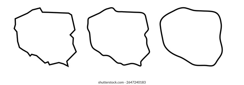 Polônia país silhuetas contorno preto em três diferentes níveis de suavidade. Mapas simplificados. Ícones de vetor isolados no plano de fundo branco.