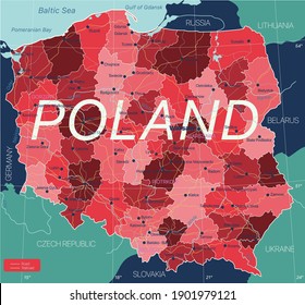 Mapa editable detallado del país polaco con las regiones ciudades y pueblos, carreteras y ferrocarriles, lugares geográficos. Archivo EPS-10 del vector