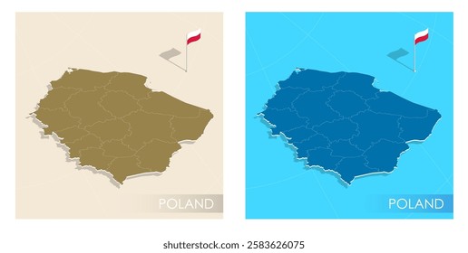 Poland country flag installed on geographic positioning map point of country territory. Polish commonwealth banner on land and sea. Festive patriotic HD format template for independence day