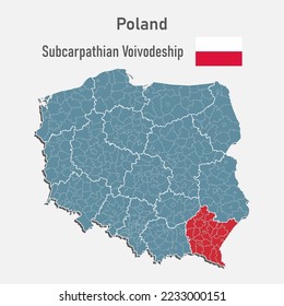 Poland country - high detailed illustration map divided on regions. Blank map isolated on white background. Vector template Subcarpathian voivodeship for website, pattern, infographic, education