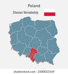 Poland country - high detailed illustration map divided on regions. Blank Poland map isolated on background. Vector template Silesian voivodeship for website, pattern, infographic, education