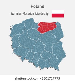 Poland country - high detailed illustration map divided on regions. Blank Poland map isolated on background. Vector template Warmian-Masurian voivodeship for website, pattern, infographic, education