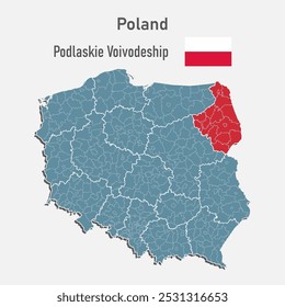 Poland country - high detailed illustration map divided on regions. Blank Latvia map isolated on background. Vector template Podlaskie voivodeship for website, pattern, infographic, education