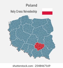 Poland country - high detailed illustration map divided on regions. Blank Latvia map isolated on background. Vector template Holy Cross voivodeship for website, pattern, infographic, education