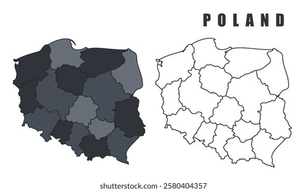 Poland country map black flat outline vector illustration set