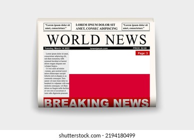 Poland country newspaper with flag, breaking news on newsletter, Poland news concept, gazette page with headline, journal with country flag, reading newspaper, streamer headline