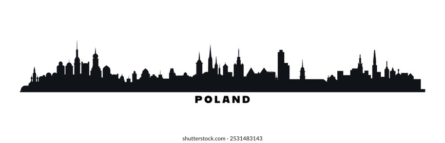 Poland country skyline with cities panorama. Vector flat banner, logo. Warsaw, Krakow, Lodz, Bydgoszcz silhouette for footer, steamer, header. Isolated graphic