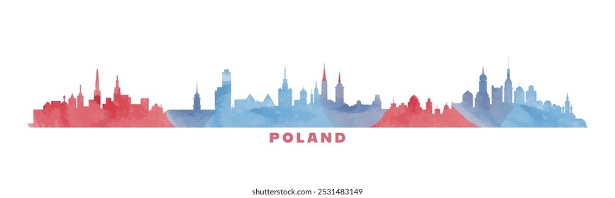 Poland country skyline with cities panorama, watercolor style. Vector flat banner, logo. Warsaw, Krakow, Lodz, Bydgoszcz, Wroclaw silhouette for footer, steamer, header. Isolated graphic