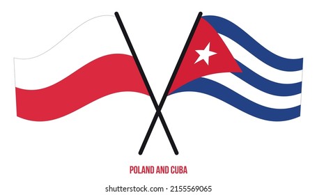 Banderas de Polonia y Cuba cruzadas y ondeando estilo plano. Proporción oficial. Colores correctos.