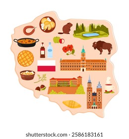 Poland culture elements and landmarks, animal in nature on stylized infographic map. Traditional food menu and landscape, architecture, fruit and nut, tourists tour symbols cartoon vector illustration