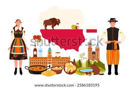 Poland culture elements and landmarks, old architecture, Polish man and woman in traditional dress in infographic poster collage. Famous food, nature and tourism emblems cartoon vector illustration