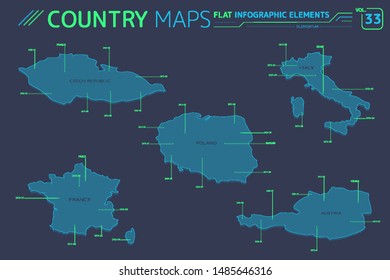 Poland, Czech Republic, Austria, Italy and France Vector Maps
