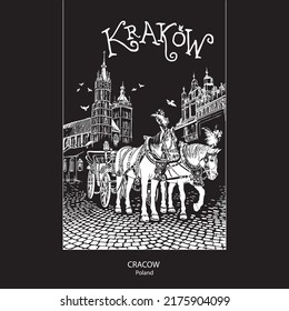 Poland, decorated horses with carriages in old town of Krakow. St. Mary's Basilica and Cloth Hall iin the background. Black and white hand drawn vector.