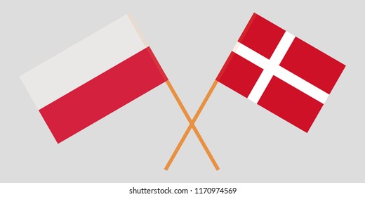 Poland and Denmark. Crossed Polish and Danish flags. Official colors. Correct proportion. Vector illustration
