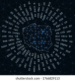 Poland digital map. Binary rays radiating around glowing country. Internet connections and data exchange design. Vector illutration.