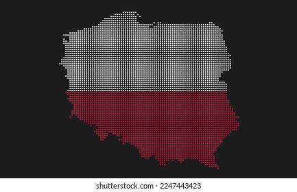 Bandera de mapa de Polonia con textura gruesa en el estilo de punto mosaico. Ilustración de vector píxel abstracto de un mapa de país con efecto de semitono para infografía. 