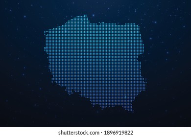 Poland dotted map in futuristic style, glowing outline made of stars lines dots. Communication, internet technologies concept on dark blue space background. Vector illustration.