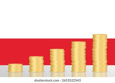 Polen - Wirtschaft. Flagge von Polen mit Münzstapel. Finanz- und Investitionskonzept Vektorgrafik.  