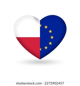Poland and EU heart flags. 3d icon. European Union and Polish national symbols. Vector illustration.