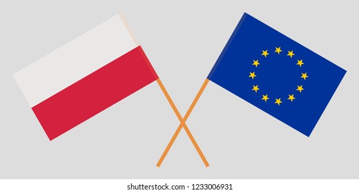 Poland and EU. The Polish and European Union flags. Official colors. Correct proportion. Vector illustration